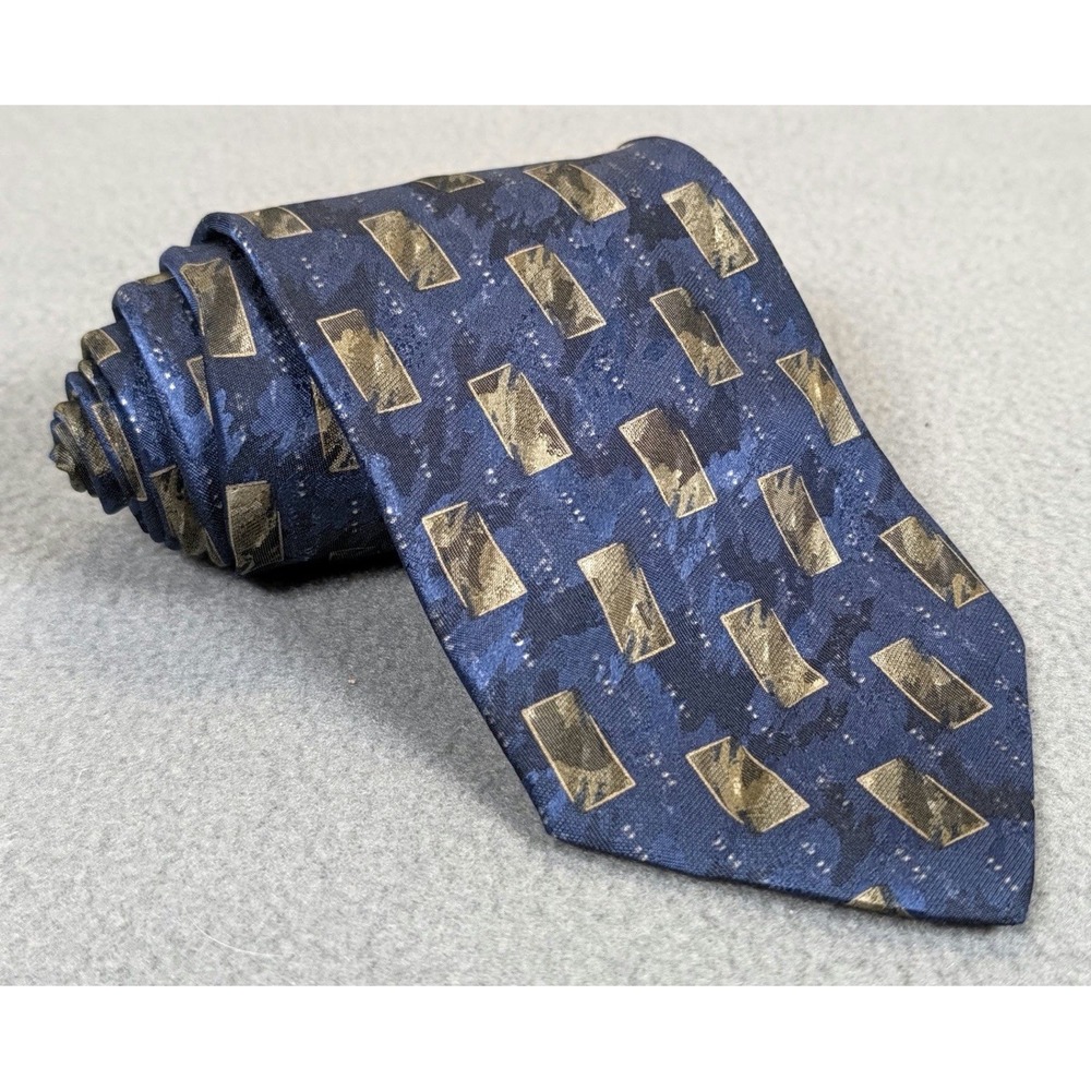Hugo Boss Men's Silk Tie Blue Gold Geometric Print Quiet Luxury